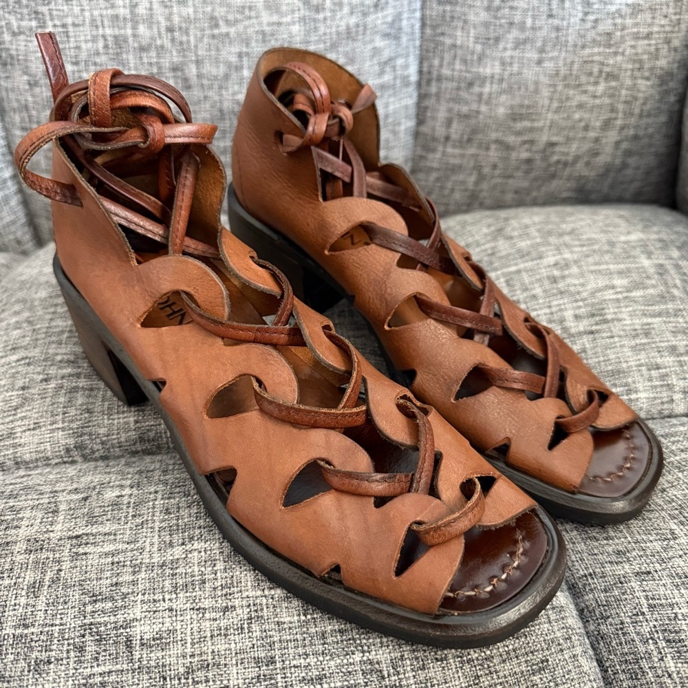 Aketohn Brown Leather Lace Up Gladiator Sandals Stacked Chunky Heel Size 37